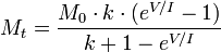  M_{t}=\frac {M_{0} \cdot k \cdot (e^{V/I}-1)}{k+1- e^{V/I}}